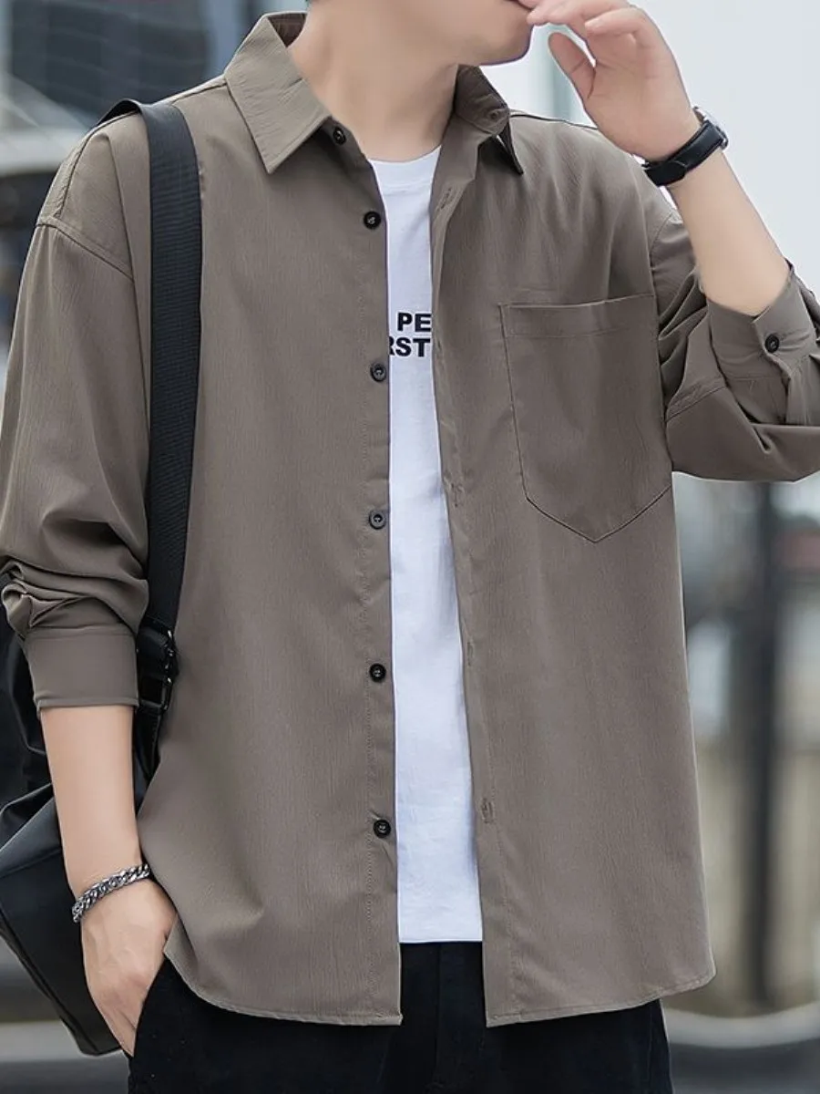 

Loose Long Sve Men's Jaet Hong Kong Sle Casual Pure Color Spring Autumn Faion Workwear Breathable V-Ne irt