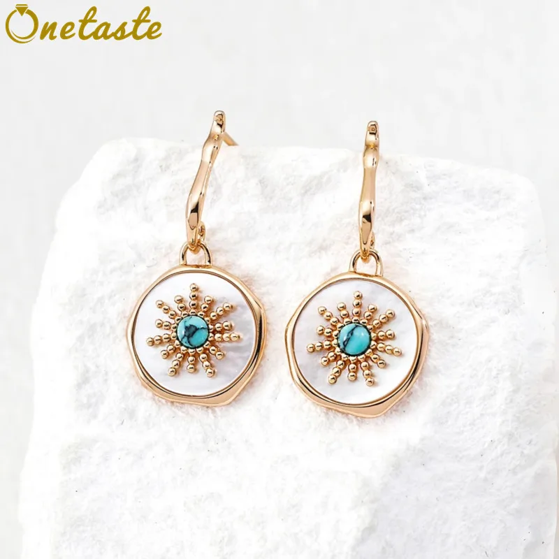 

S925 Silver White Mother of Pearl Turquoise Round Disc Charm Drop Dangle Earrings For Women Dainty Trendy Earring Party Gift