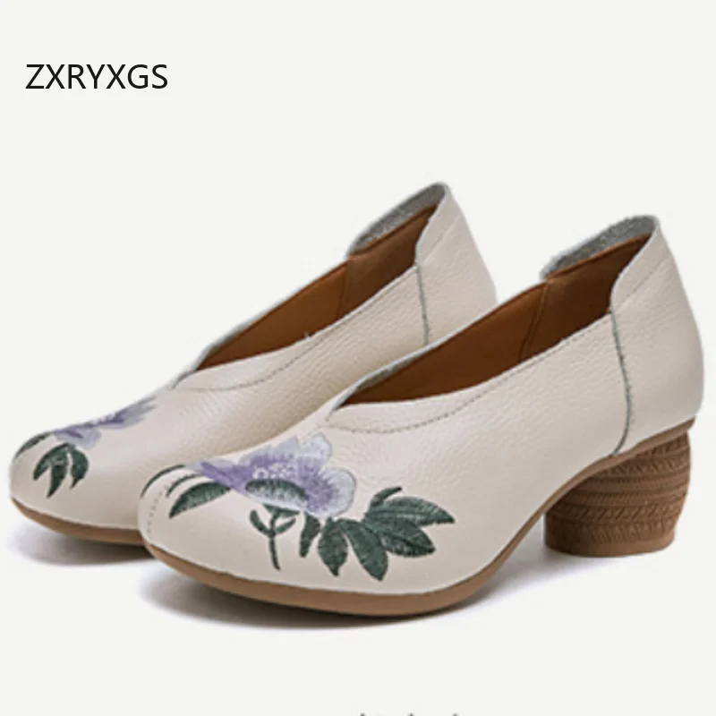 ZXRYXGS High-end Banquet Wedding Shoes Woman New 2025 Top Cowhide Embroidered Flower Comfortable Fashion Shoes Mid Heels 5cm