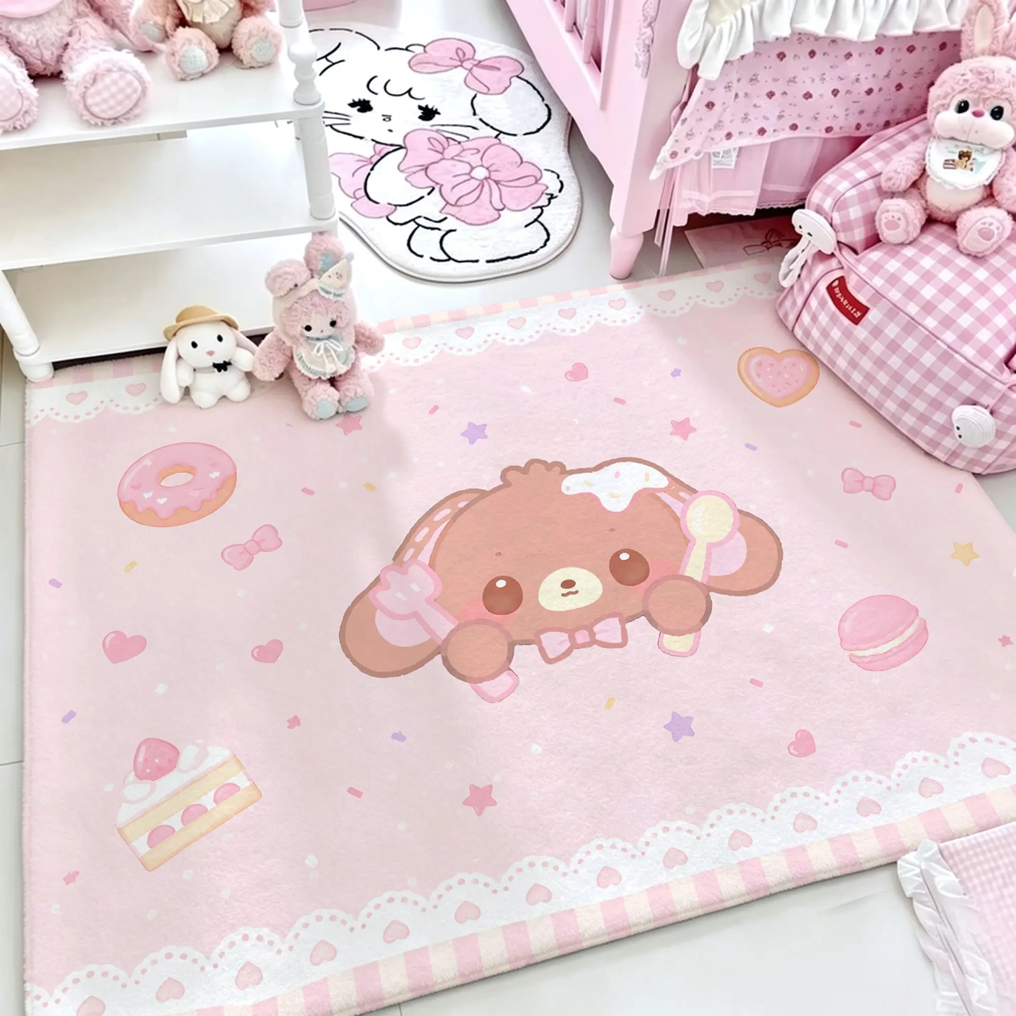 Kawaii Dessert Bunny Print Faux Cashmere Rug, Cream‑Style Girls Bedroom Floor Mat, Bedside Living Room Sofa Area Rug, Gift for F