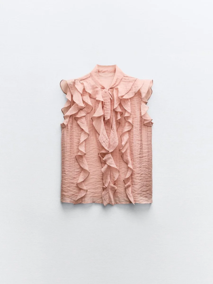 New Summer Women's irt V-ne Svel  Knot Layered Decoration Loose Fit Regular Length Button Closure