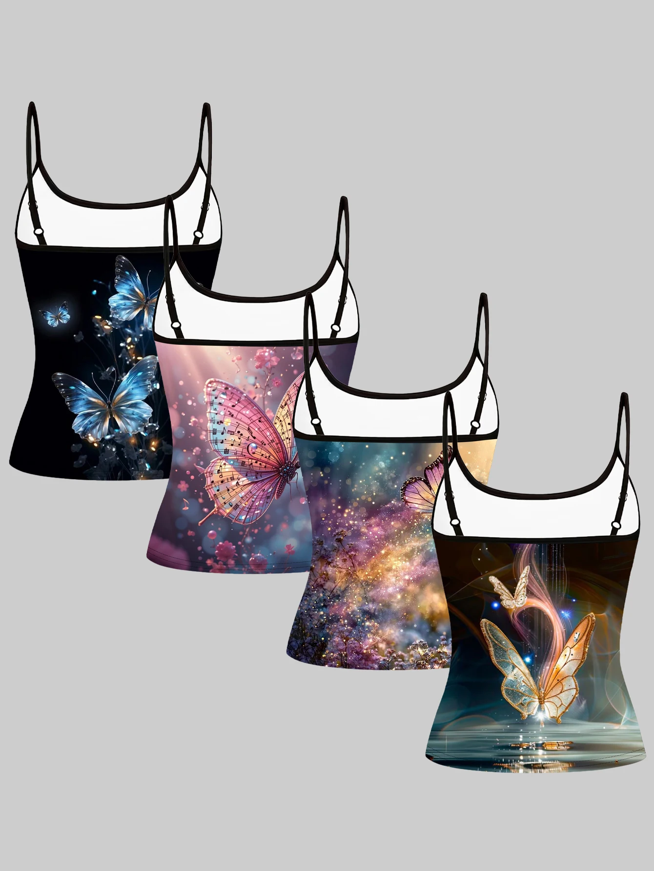 Women's 4-Piece Printed Camisole Set with Blue Sparkling Firefly Butterfly, Musical Note Butterfly, Galaxy Flower Sea Pink Butterfly, Lake Surface Light and Shadow Crystal Butterfly Patterns, Slim-Fit Sleeveless Outerwear Tops