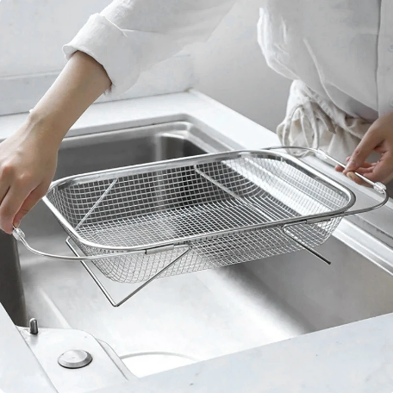 Stainless Steel Retractable Drain Basket Grip Handles Oval Colander Sink Vegetables Draining Rack Home Storage Basket