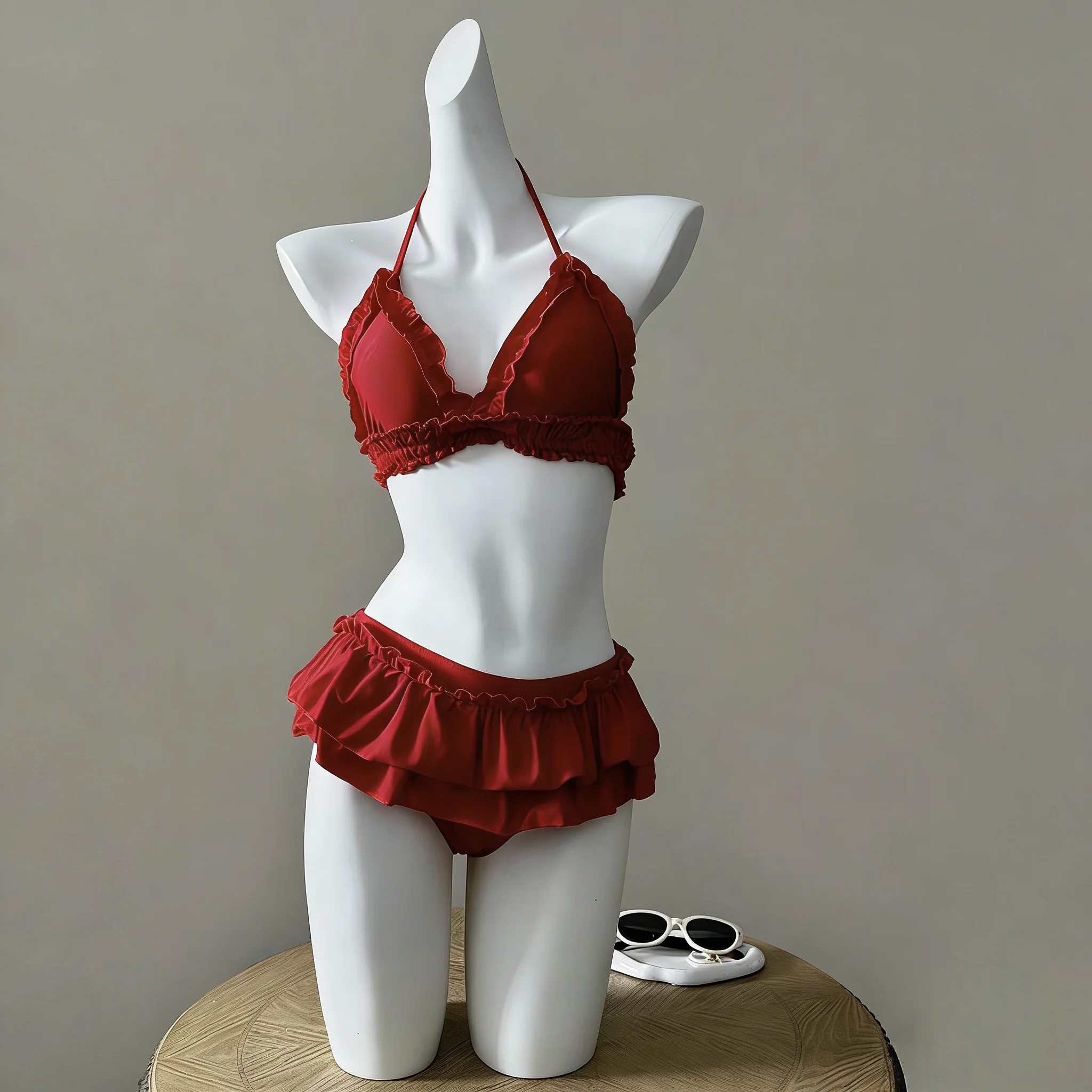 

Stunning Red Bikini Separate Thermal Spring Swimsuit Pure Desire Wind Cake Skirt Sle Beautiful White Enhancing Chest G...