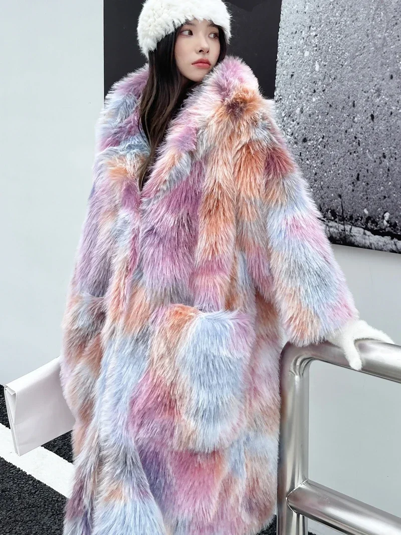 Faux Fur Coat Rainbow Tie Dye Fuzzy Fleece Long Sleeves Jackets Wool Faux Fur Teddy Bear Long Cardigan Winter Coat Women Outwear