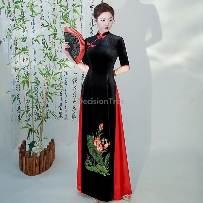 

Осеннее бархатное вьетнамское платье Ципао aodai с изысканным принтом, улучшенное повседневное облегающее винтажное платье, элегантное литературное искусство Ципао