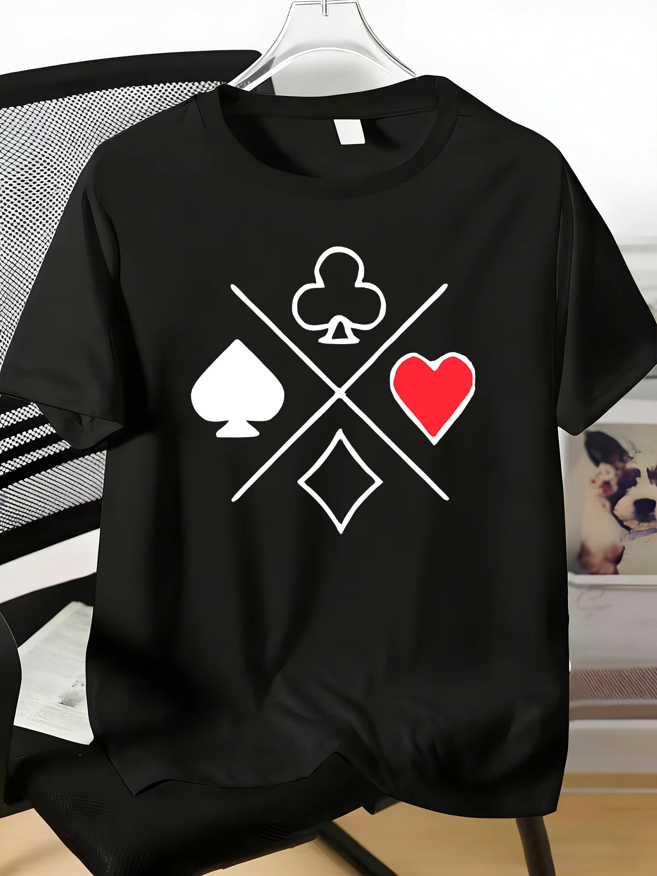 Mens Crew Neck T Shirt Poker Four Suits Cross Print Spade Heart Club Diamond Casual Soft Short Sleeve Daily Streetwear Male Tee