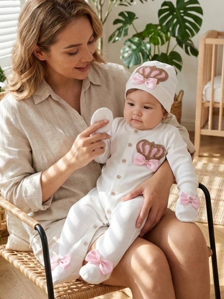set-di-tutine-per-neonati-in-morbido-cotone-puro-dotato-di-elegante-corona-e-fiocco-tessuto-elasticizzato-e-non-irritante-abbigliamento-versatile-per-neonati