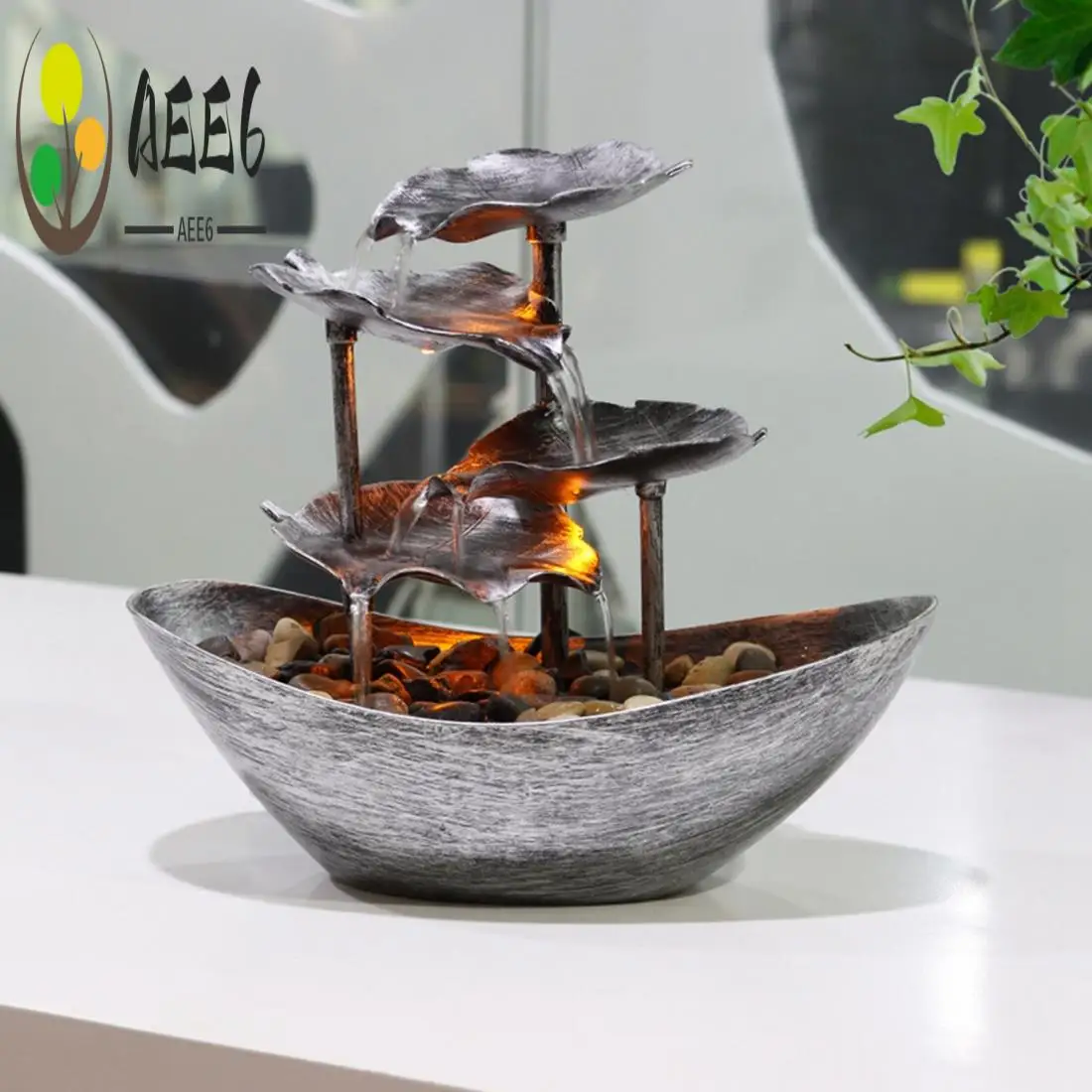

AEE6-Relaxation Indoor Waterfall Fountain Tabletop Water Fountain LED Light For Home Office Room Desktop Decoration