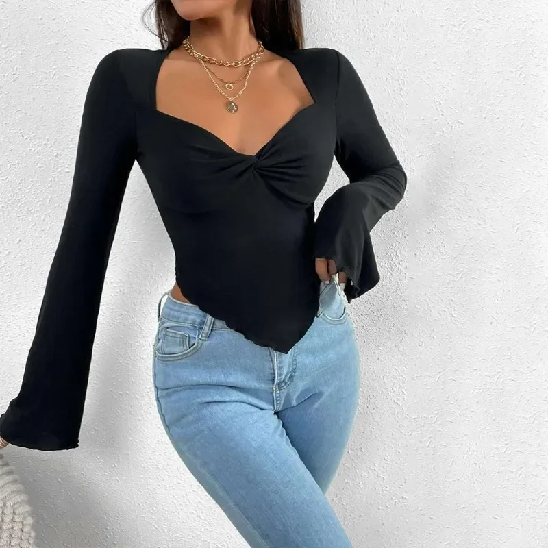 

Knitted Irregular T Shirt Women Long Sleeve Solid Color V-neck Tight Sexy Slim Ladies Fashion Elegant 2023 Autumn New Y2k YSQ06