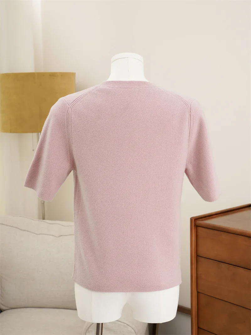 Women Short Sleeve Sweater Pink or Brown Color Round Neck WoolCasual Early Autumn 2024 Female Fashion Jumper