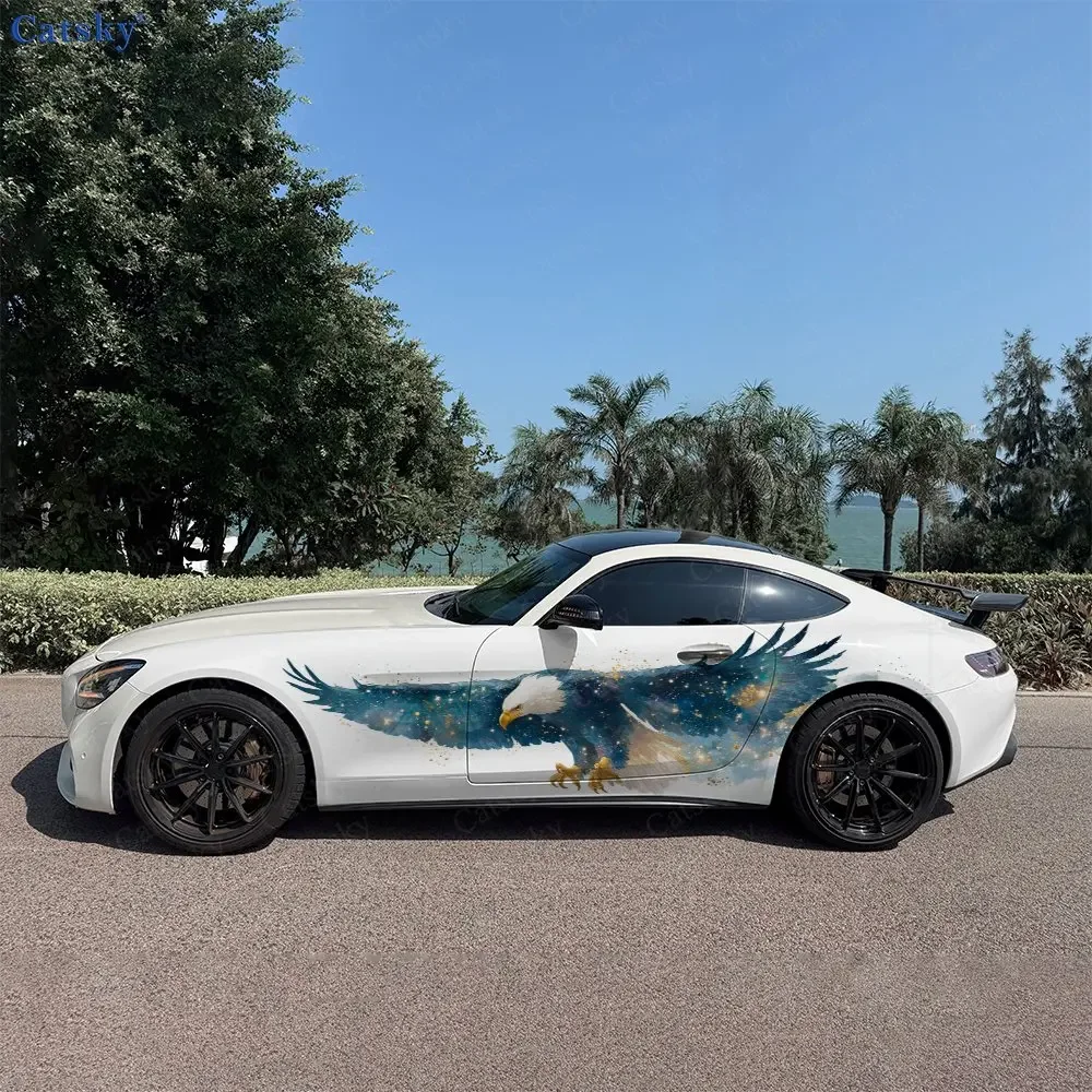 2pcs White Head Cosmic Eagle Car Side Wraps, Self-Adhesive PVC Waterproof & Scratch-Resistant Stickers, Car Accessory Gift