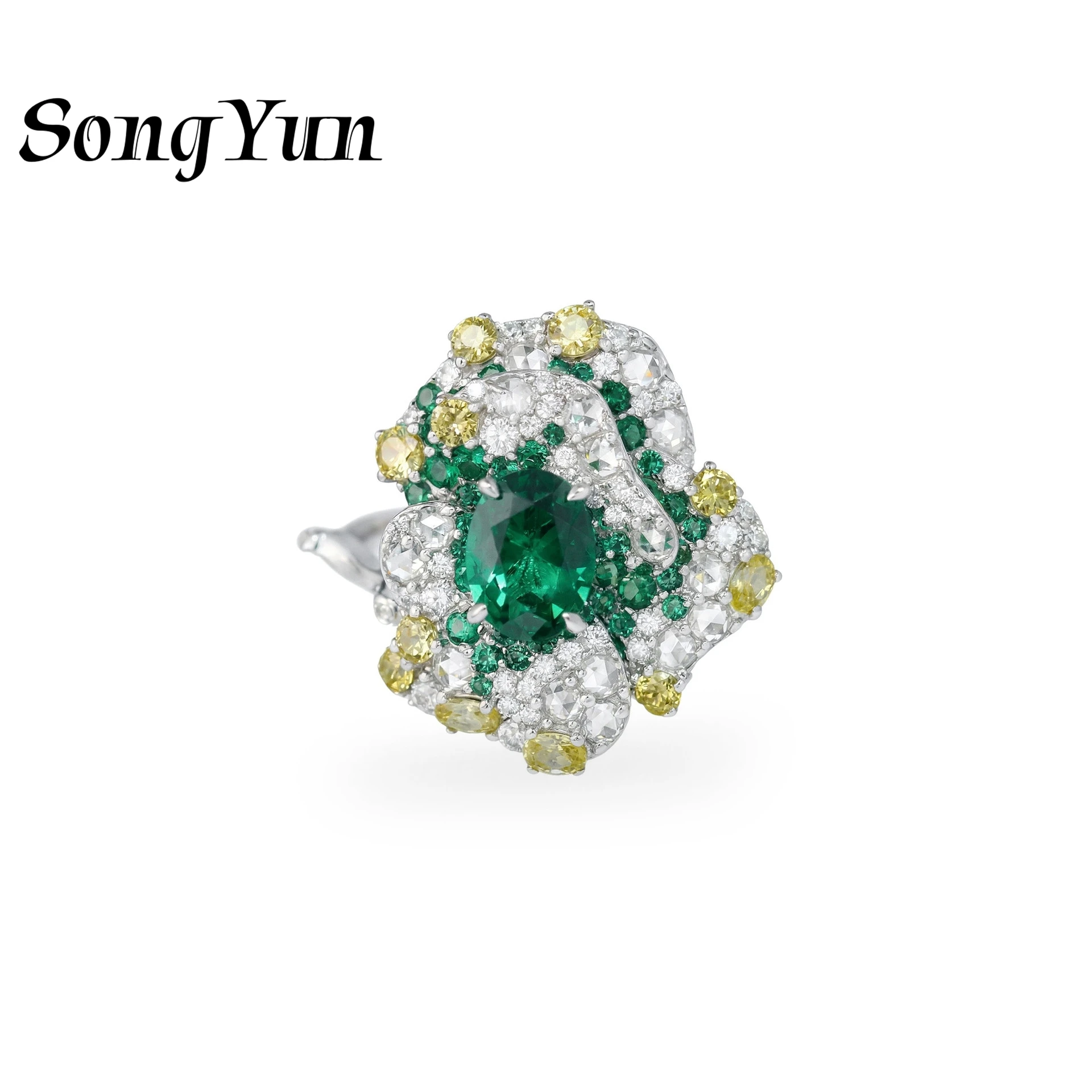 

SongYun Jewelry 925 Sterling Silver Ring Band For Women HCD Gemstones Emerald Flower Bridal s925 Pure Silver Ring Accessories