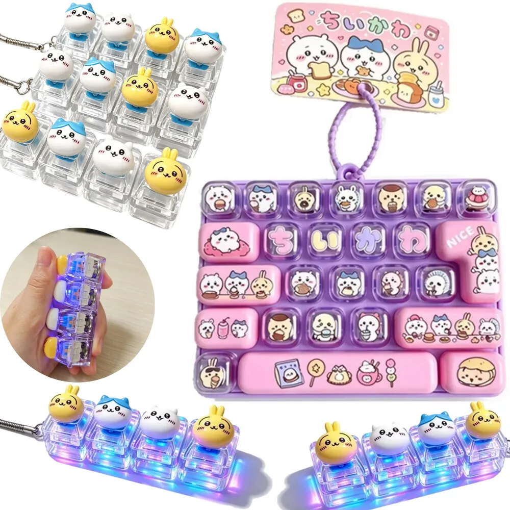  NEW Chiikawa 26-Key Fidget Keychain Caps Clicker 4 Keys Light Up Pendant Cute Hachiware Usagi Stress Relief Toy Bag Charm Gift
