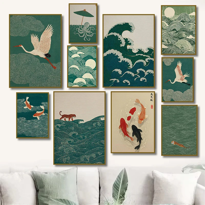 Póster de tigre japonés, grulla, koi y onda verde, pintura minimalista asiática zen de la jungla sobre lienzo, arte de pared, decoración vintage japandi para el hogar