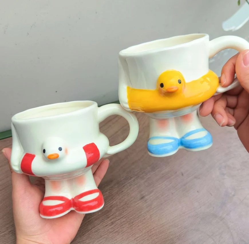 Cute Footed Ceramic Mug 345ml Cartoon Duck Coffee Cup with Handle Creative Swim Ring Design Milk Tea Cup Home Tabletop Decor