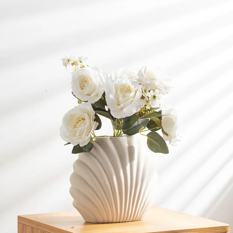 Creative Striped Scallop Ceramic Vase, Interior Decoration Ornament, Dining Table Flower Arrangement Container, Home Decoration