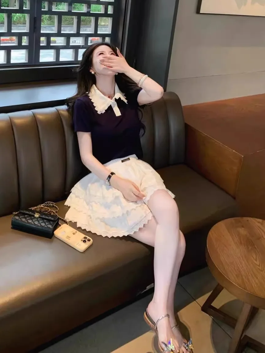 

Summer Faion plus Size Women's Lace ort Sve irt And High Waist Skirt Set Sweet Sle Casual Wear