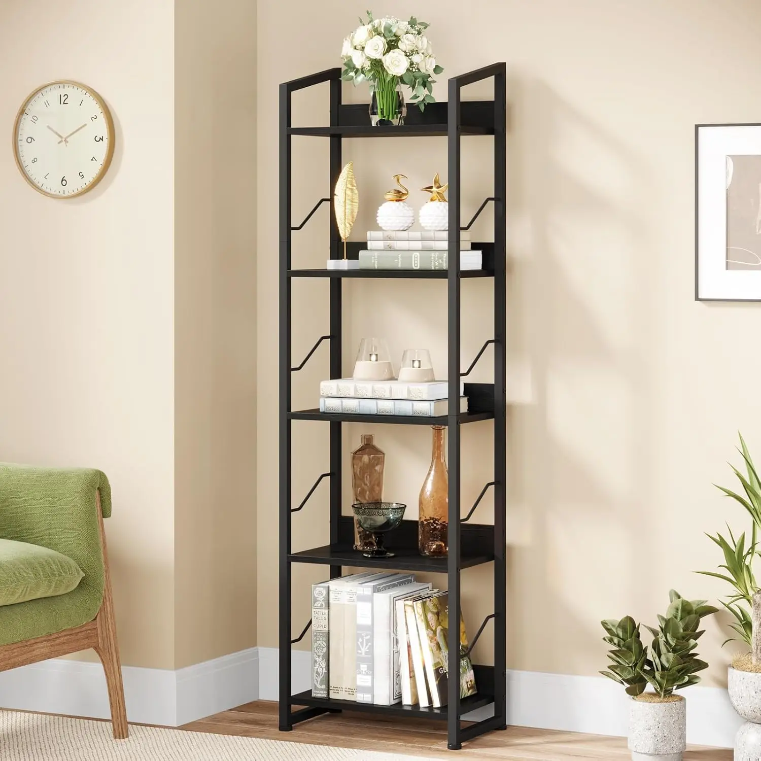 Book Shelf Small Bookshelf: 3-Tier Wood Bookcase Industrial Bookshelf with Edge Protection Metal Narrow Organizer Display Rack