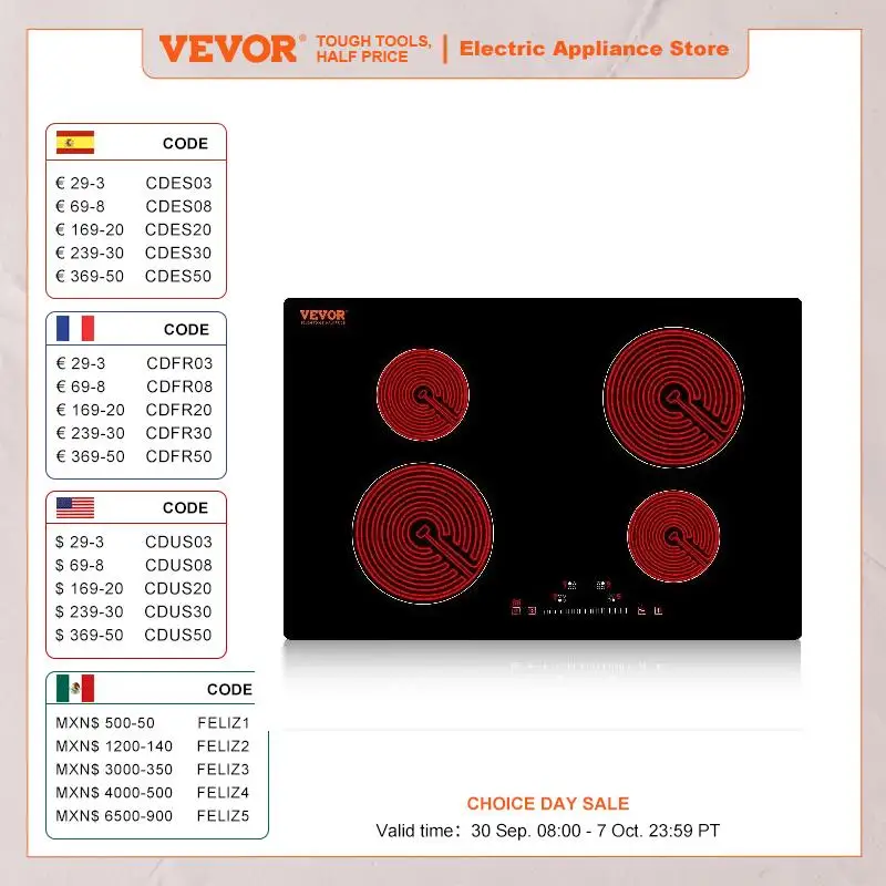 VEVOR 2/4/5 Burners Built-in Induction Stove Top 12/24/30in Ceramic Glass Electric Cooktop For Household Commercial  Cooking