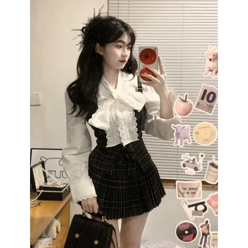 American Vintage Suits Women Casual Blouse Shirts + Vest + Skirts Casual 3 Piece Sets Korean Fashion Clothing Autumn Chic