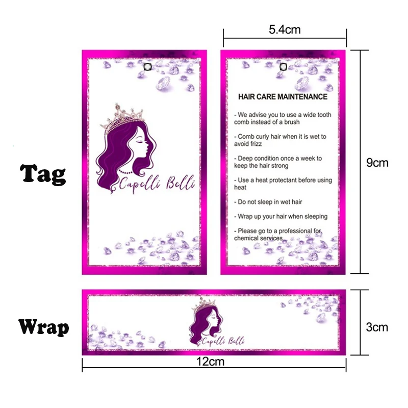 200Pcs Custom Hair Tags & Wrap For Hair Bundles Hair Packing Labels For Wigs Hair Extension Clothers Paper Sewing Tag Printed Wr