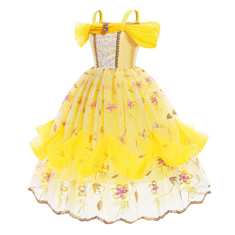 

New Belle Princess Grown Ball Dress for Girl Party Prom Performance Cosplay Costumes Clothes Glod Floral Embrodiery Mesh Dresses