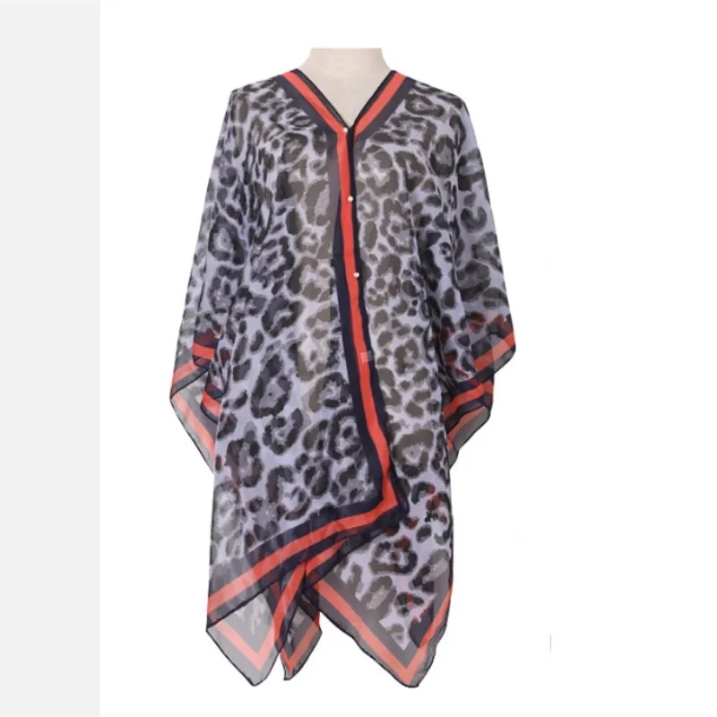 

New Summer Leopard Print Sunscreen Shawl Sunshade Print Sunscreen Shawl Imitation Silk Shawl Cloak Poncho Capes Red