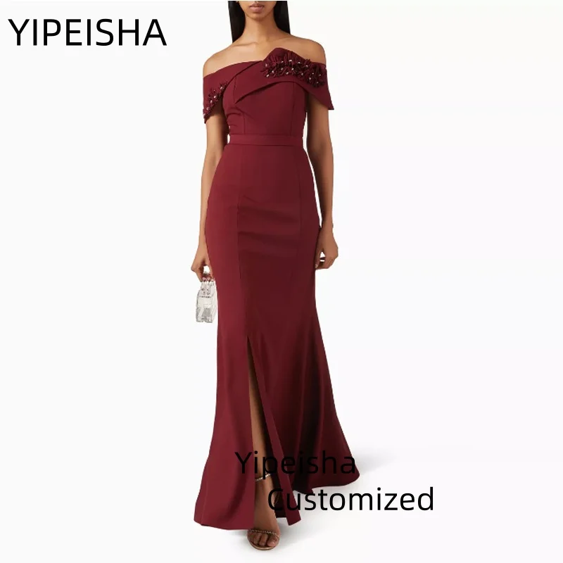 Maßgeschneidertes Saudi-Abendkleid mit seitlichem Schlitz, schulterfrei, mit Perlen verziert, Pailletten, U-Boot-Ausschnitt, Meerjungfrau-Partykleid, arabische Ballkleider