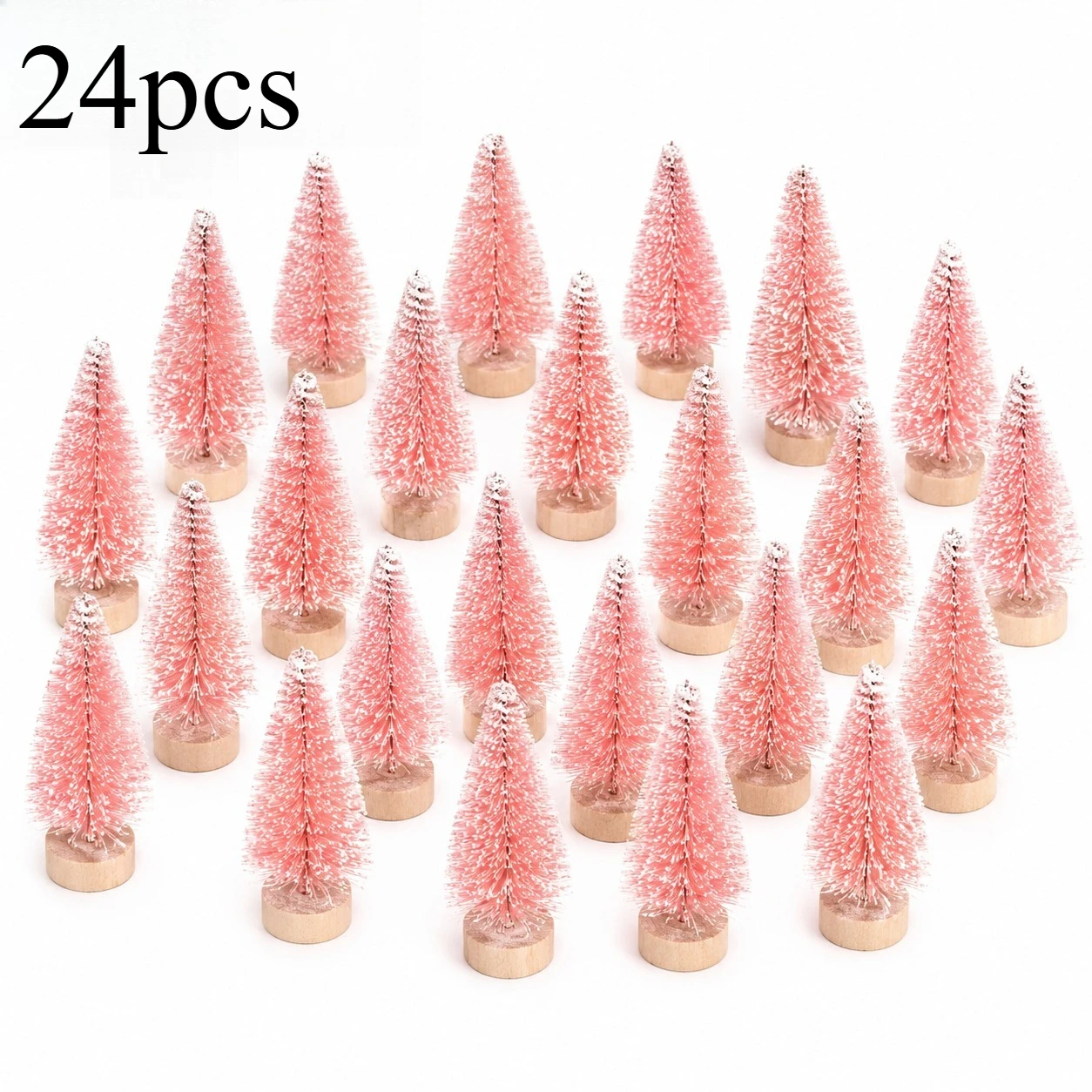24pcs Pink Mini Bottle Brush Christmas Trees with Wooden Base Frosted Sisal Miniature Pine Tree Set for DIY Craft Village Decor