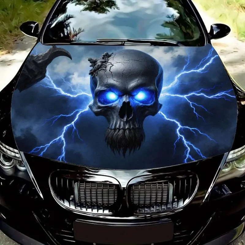 

1 Dark Omen Crack Metal Skull with Glowing Blue Eyes and Black Spiked Beard | Blue Lightning and Sharp Claw Structure Car