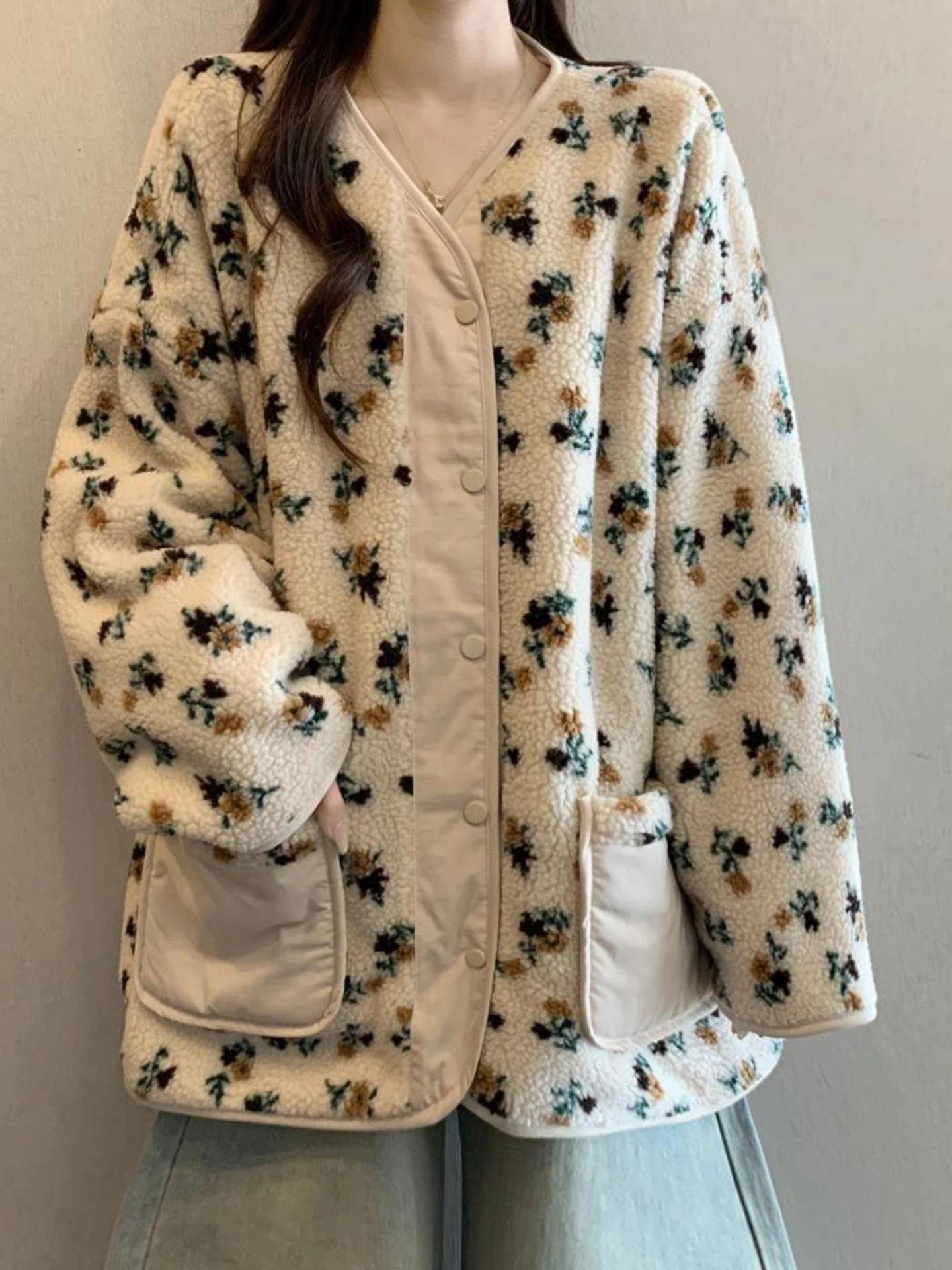 

Korean Sle Loose Fit Thiened Faux Fur Jaet Women's Autumn Winter plus Size Warm Lamb Fur Cotton Coat Floral Print