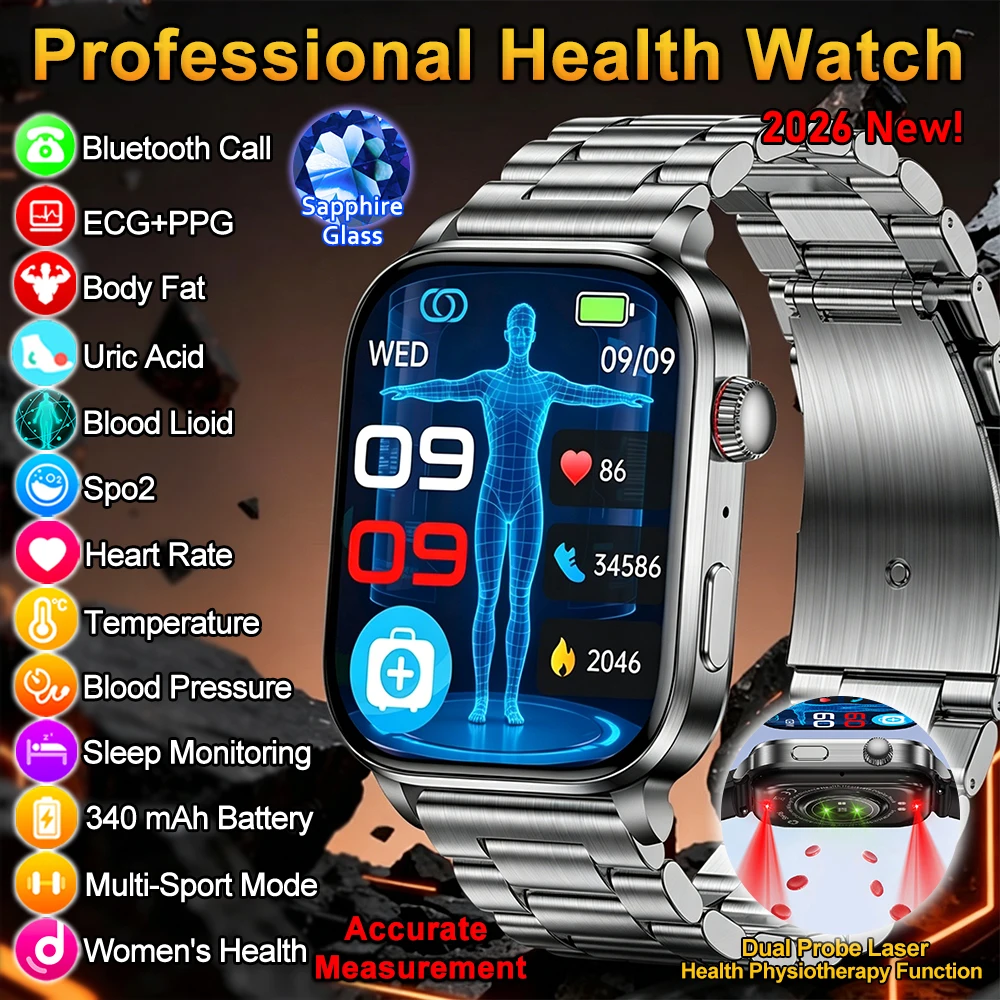 

2026New ECG+PPG Clock Health Trackr 2.0 inch Uric Acid Blood lipids Pressure Smart Watch Body Analysis Voice call Smartwatch Men