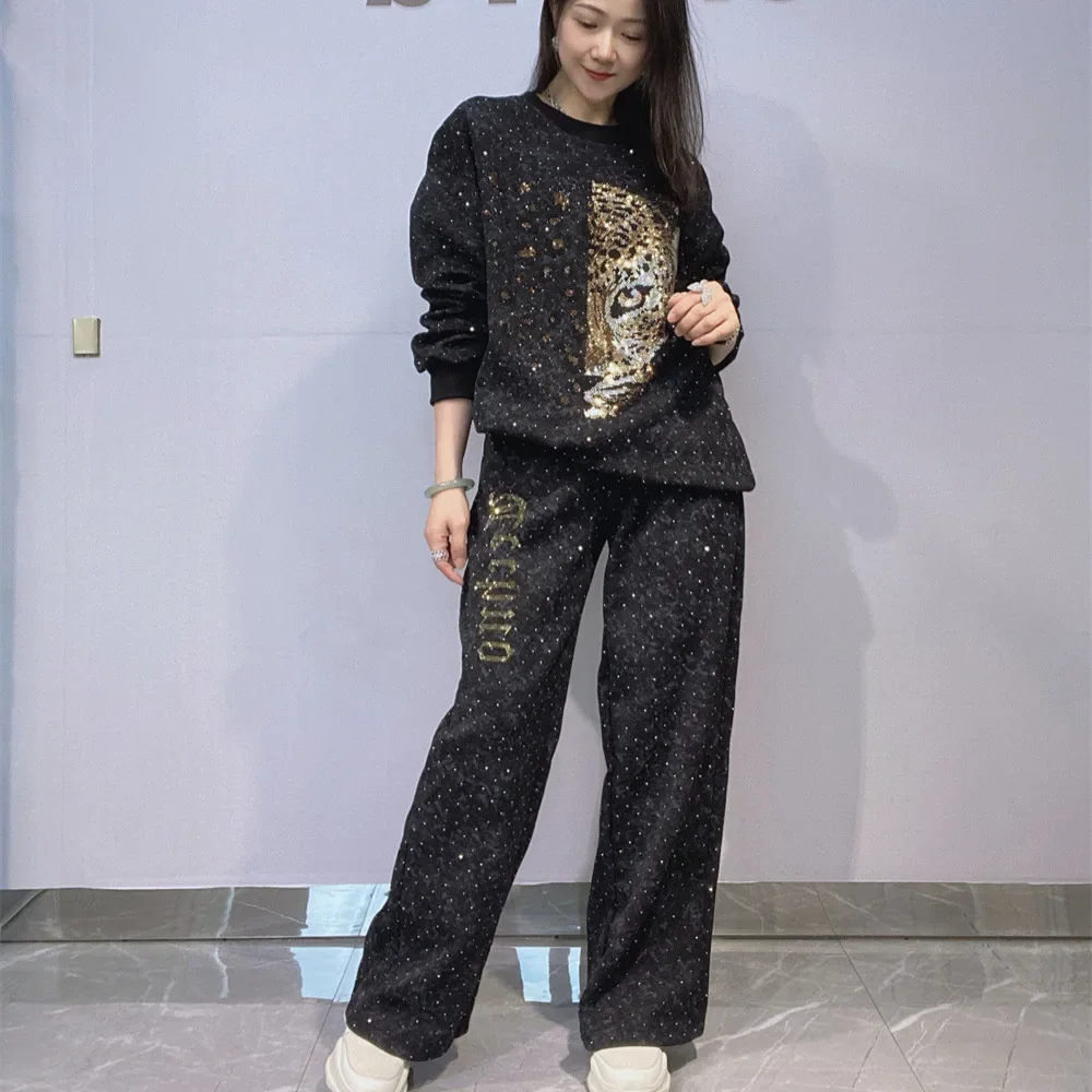 

Oversized Two Piece Sets Womens Outifits Cartoon Leopard Diamonds Casual O Neck Tie Dye Tops and Pants Knitting Women Tracksuit