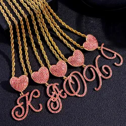 Stainless Steel Rope Chain Cursive Letter Crystal Charm Necklace For Women Bling Pink Rhinestone Initial Choker Necklace Jewelry