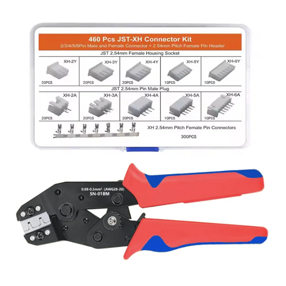 SN-01BM Crimpzangen-Set, Ratschen-Crimpzange mit 460 Stück 2,54 mm JST-XH-Steckern für AWG 28-20 (0,08-0,5 mm²)