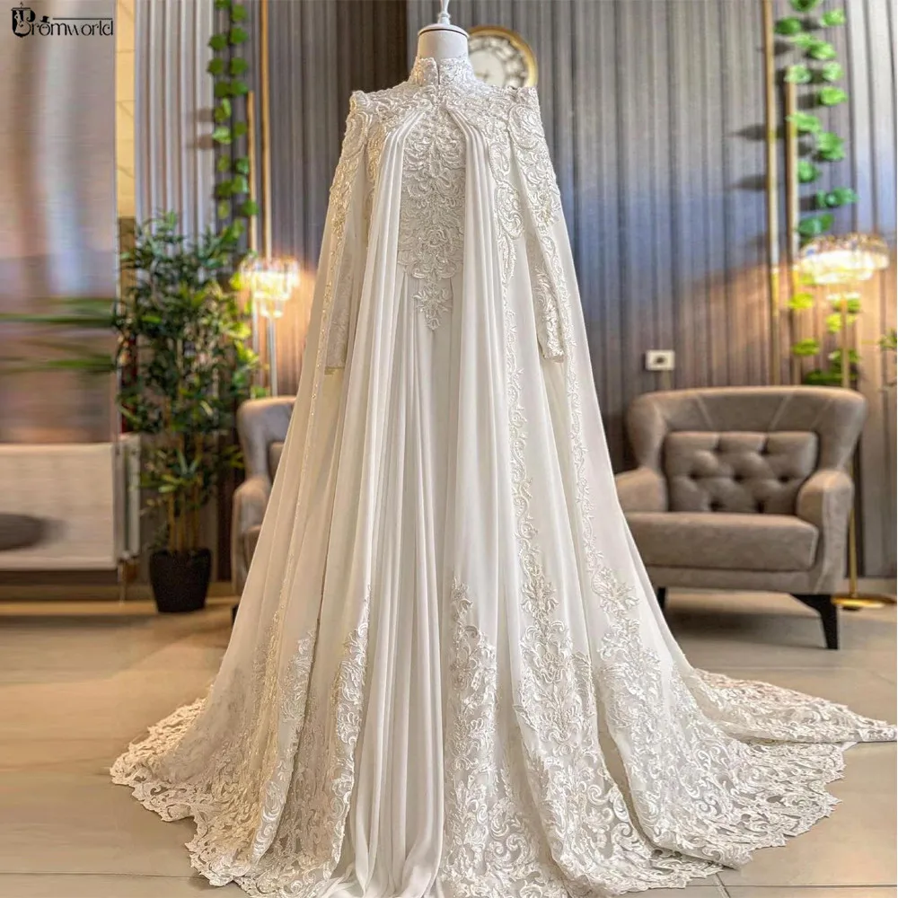 Arabic Dubai Long Sleeve Muslim Wedding Dress with Cape High Neck Islamic Bridal Gowns Chiffon Appliques Robe De Mariée