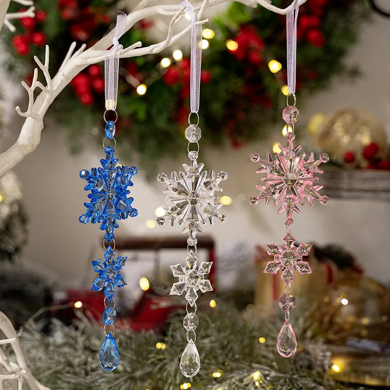 Clear Acrylic Snowflake Ornament Colorful Icicle Pendant Water-Drop Style Hanging Home Festive Decoration Light-Catching Xmas