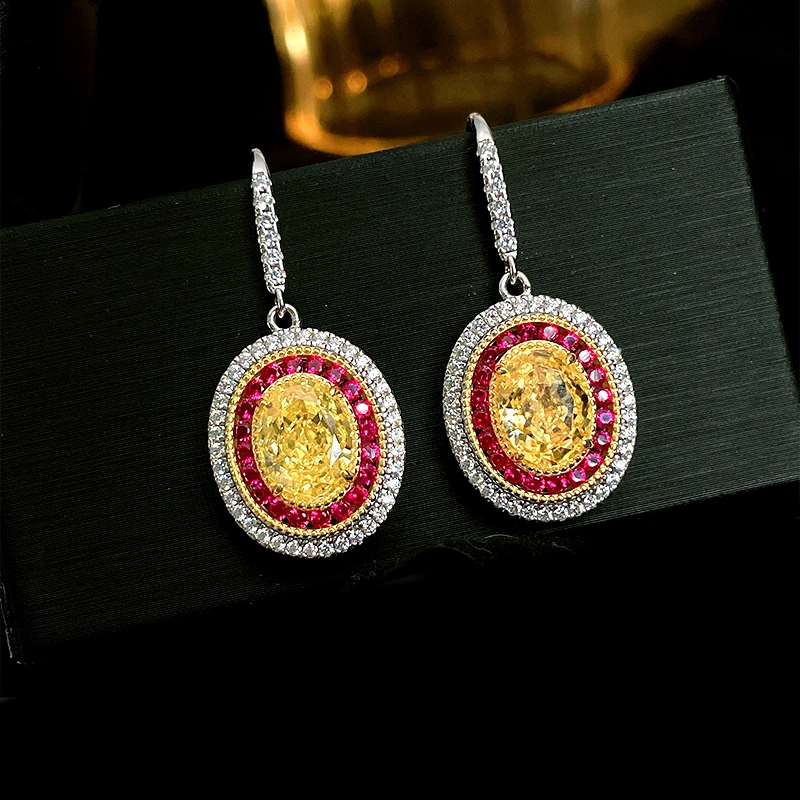 

European and American Yellow Diamond Oval 925 Silver Earrings Inlaid with High Carbon Diamonds, Versatile and High-end