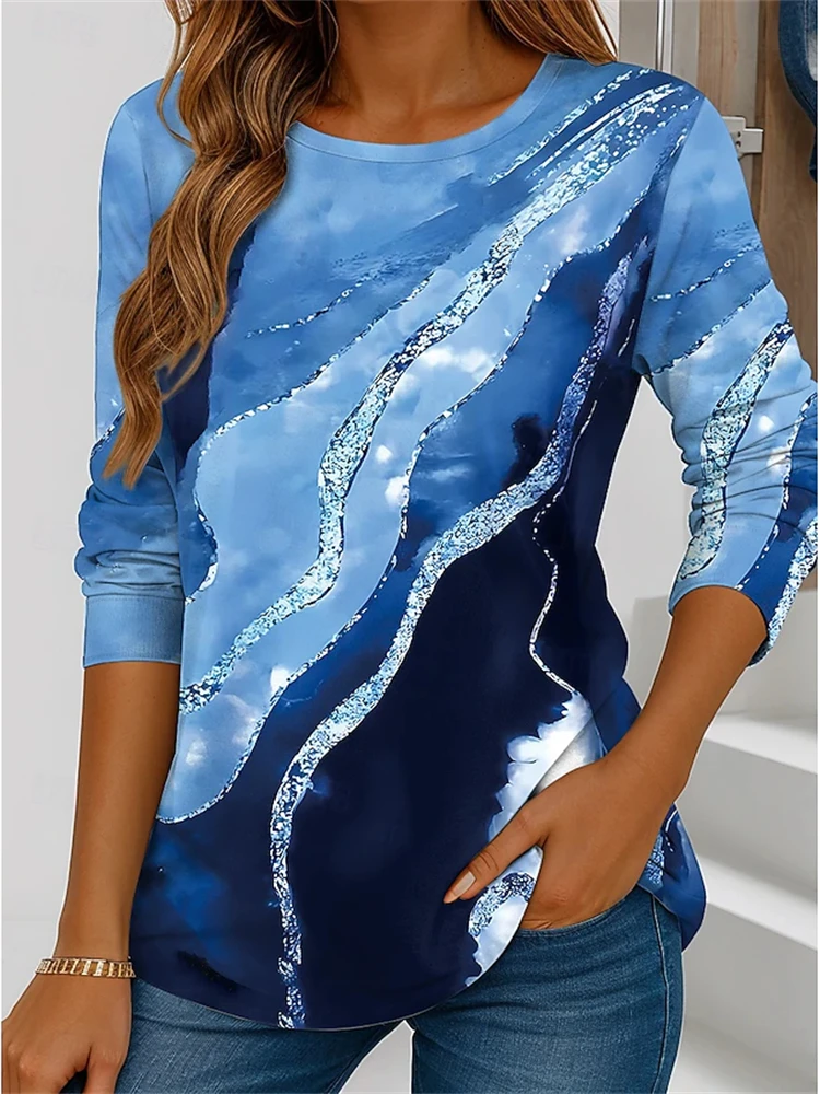 New Fall Women's Long-Sleeve Marble-Patterned 3D-Printed Fashionable Casual T-Shirt Relaxed Fit Round-Neck Stylish Top