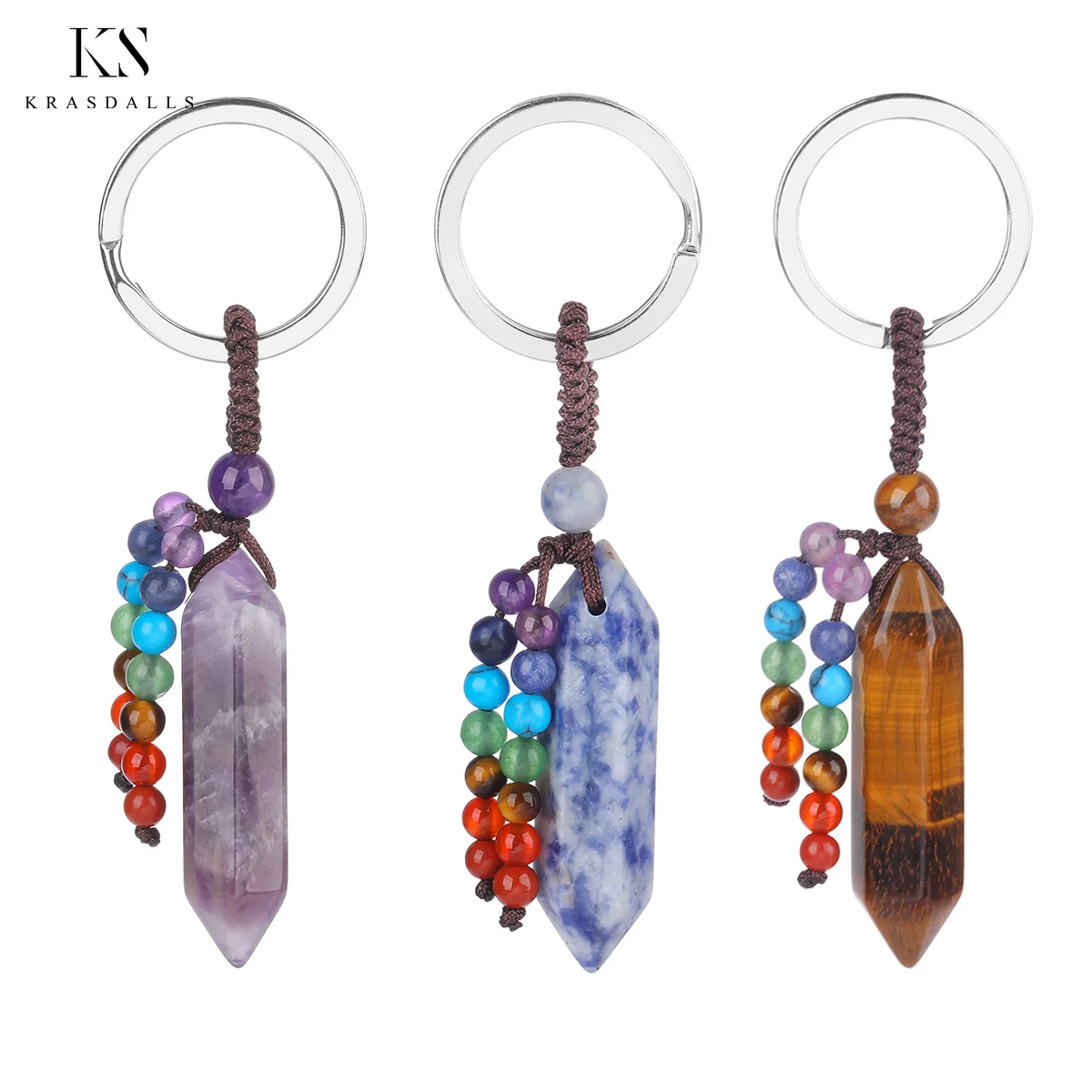 

Natural Stone Healing Crystal Keychain Pendant DIY Jewelry Bullet Hexagon Bead Key Ring Accessory