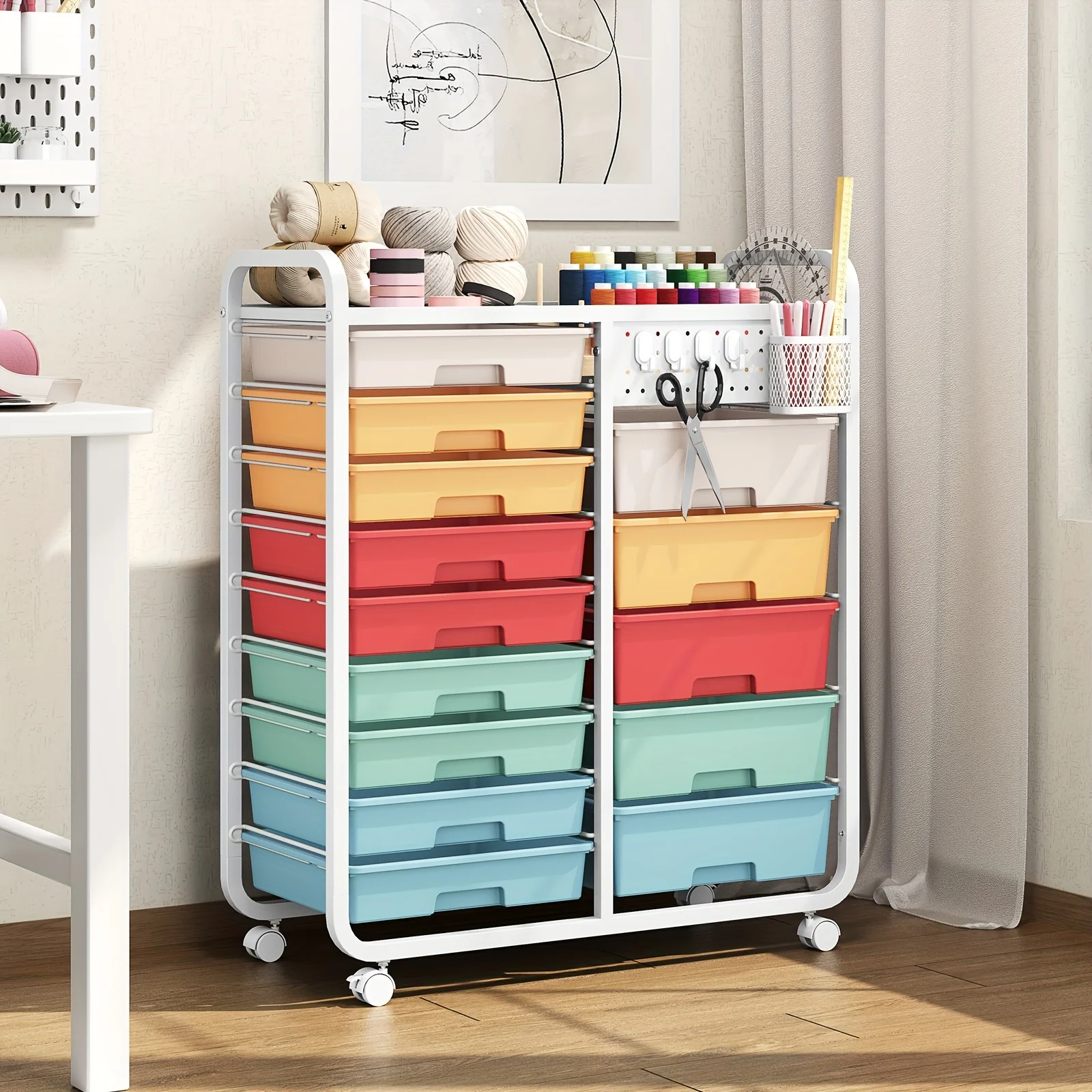 

14-Drawer Rolling Storage Cart with Tabletop & Pegboard, Mobile Utility Cabinet on Wheels - Durable Metal Organizer