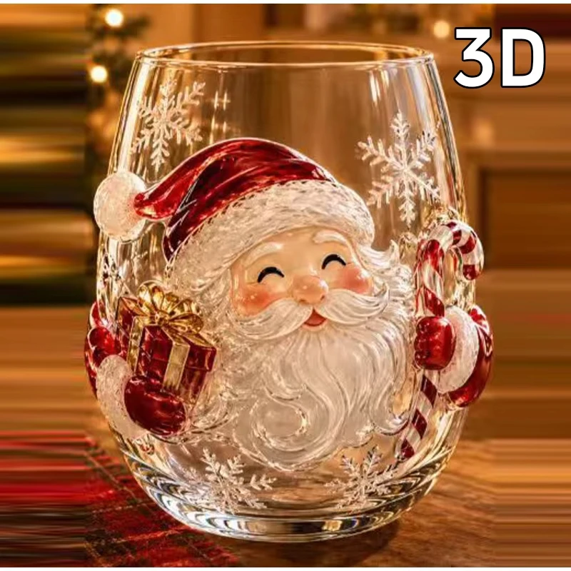 3D Christmas Glass Art Cup, 3D Santa Stemless Wine Glasses Luxury Raised Holiday Glassware ChristmasGlass Cup