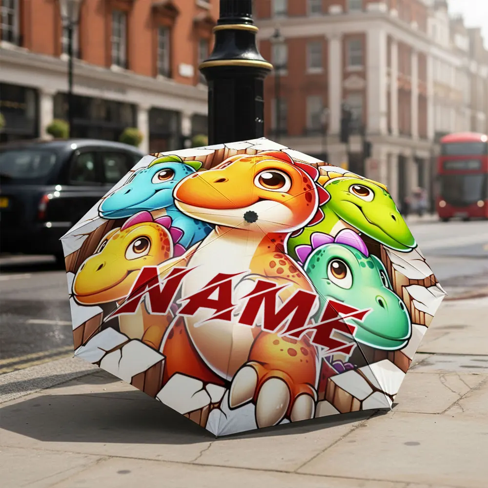 Custom Name umbrella, Cute Dinosaur Cartoon Characters on Cracked Surface Design Fashion Folding Umbrella for Sunny and Rainy