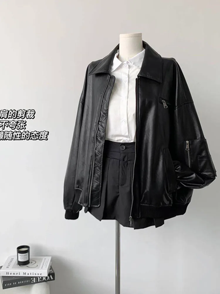 American Vintage Outerwear Turn-Down Collar  Long Sleeve PU Coats High Street Autumn Winter Classical Leather Jacket New Design