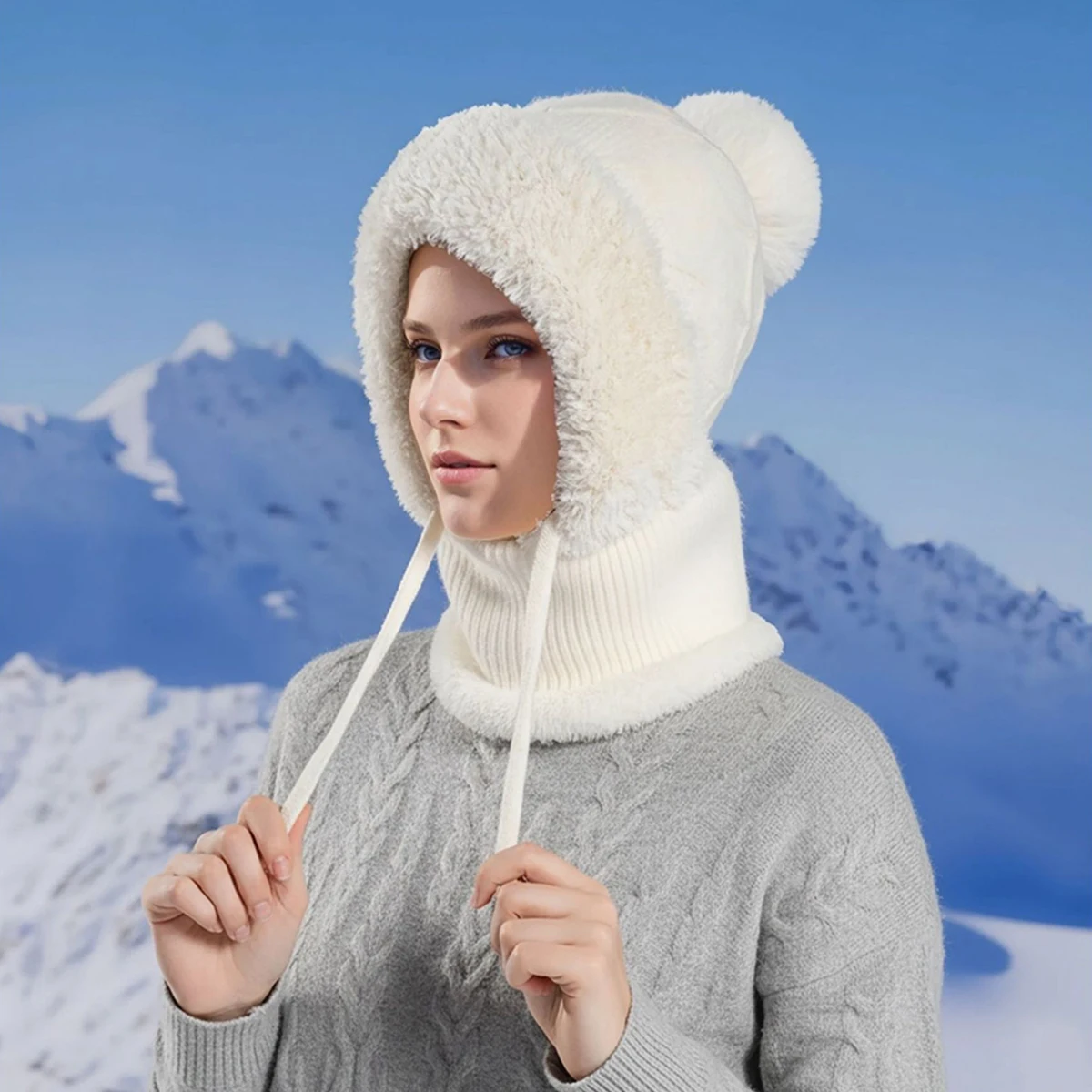 Thermal Fleece Knit Beanie with Ear Cover All-in-One Windproof Hood Neck Warmer Bicycle Rider Balaclava Motorcycle Cycling Mask