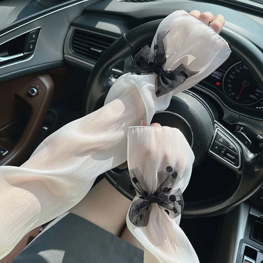 2 ชิ้น/เซ็ตป้องกันแสงแดด Bow Gauze แขน Fingerless บาง Breathable แขนยาวแขนโพลีเอสเตอร์ริบบิ้นผ้าไหม