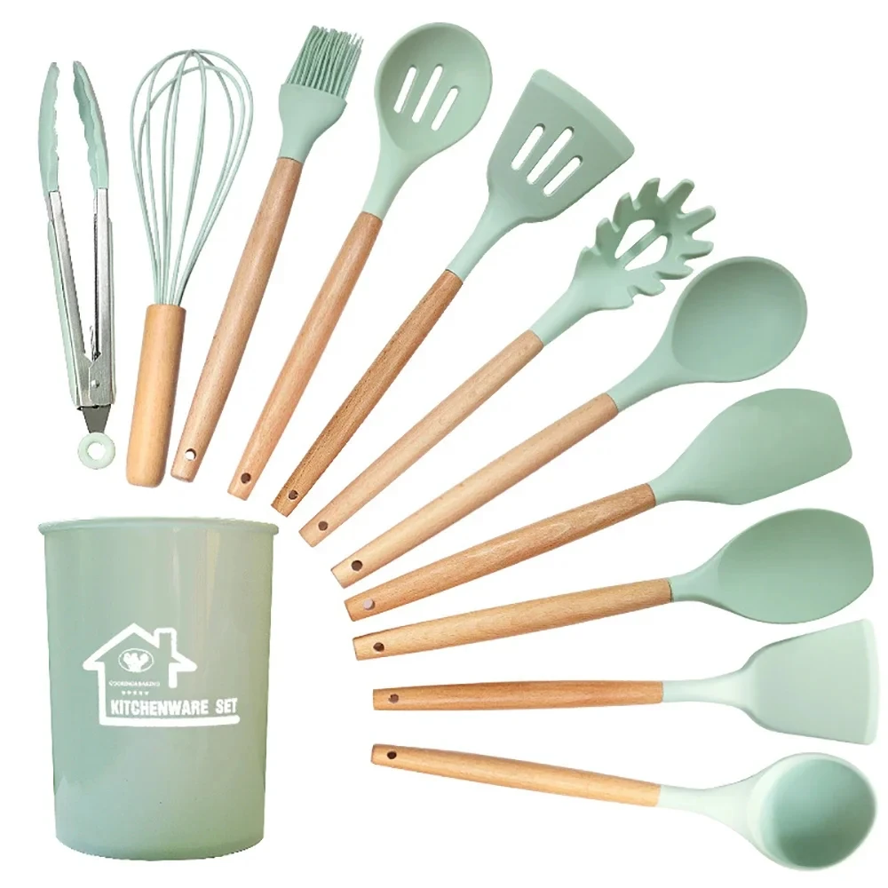 

12Pcs/Set Wooden Handle Silicone Kitchenware Kitchen Cooking Baking Cookware Gadget Tools Heat Resistant Non-stick Spatula Set