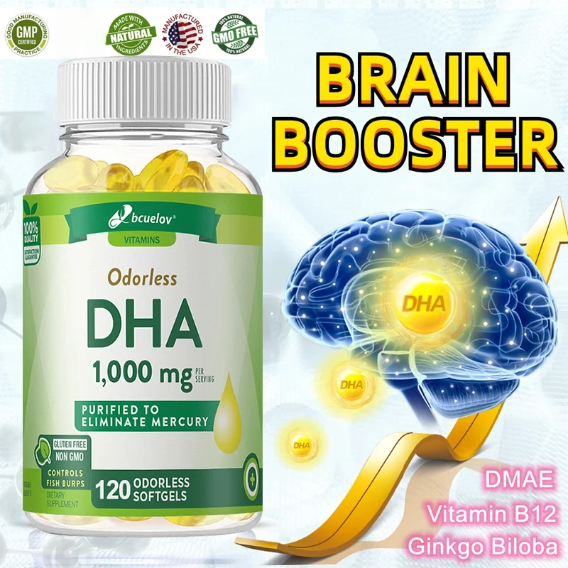 Bcuelov Brain Booster - Unflavored DHA 1000 Mg, Supports Nervous System Health, Improves Concentration, Memory and Focus