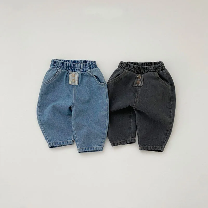 Calça jeans casual para meninos e meninas, calça harém solta e monocromática infantil, roupas jeans na moda para criança, nova, 2024